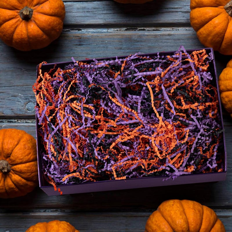 Gloreyan 3 Colors Halloween Crinkle Cut Paper Shred, Black Orange Purple Raffia Paper Sherd Filler Grass for Gift Wrapping Basket Filling Birthdays Weddings Party Supply（10.6 oz） - Image 3